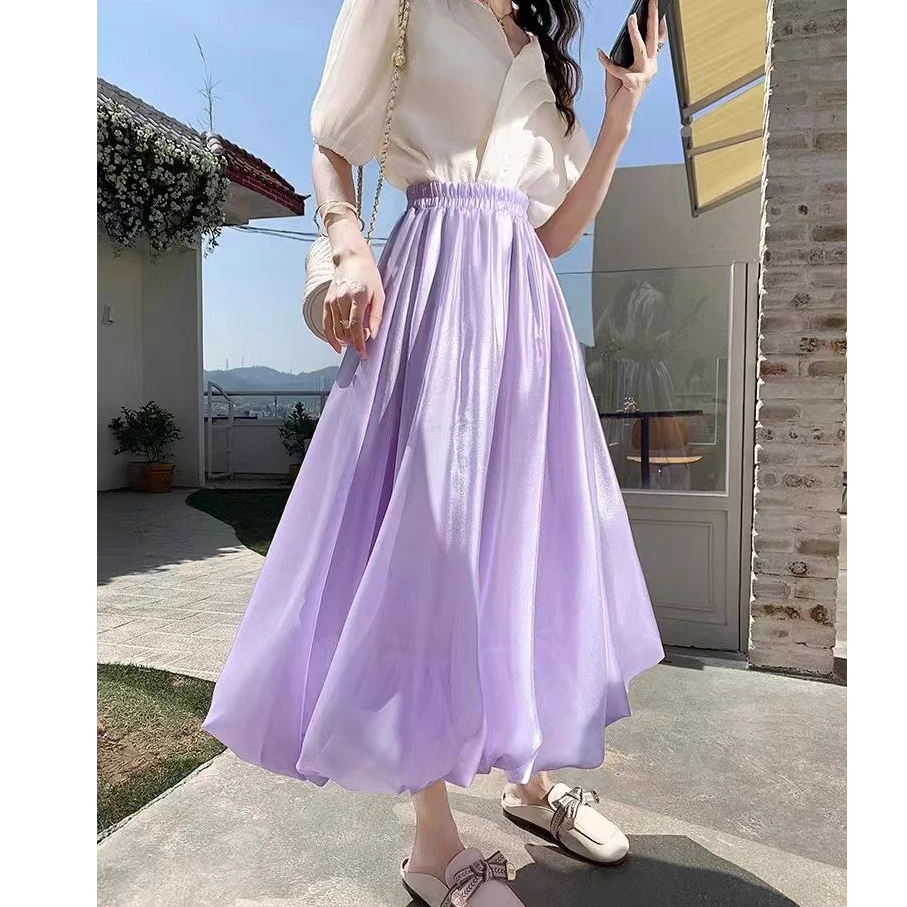 紫色流光花苞裙半身裙松紧腰2024新款夏季高腰蓬蓬花苞半裙夏