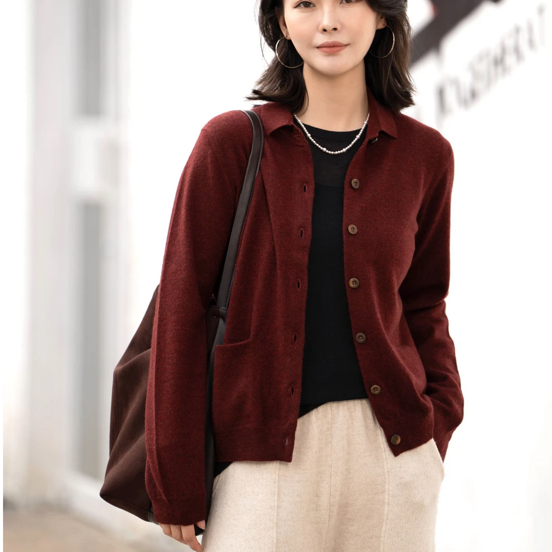 秋季新款针织翻领开衫短款女上衣外套纯山羊绒休闲百搭保暖