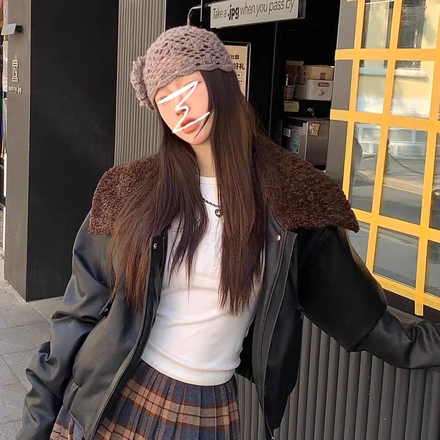 毛呢翻领外套冬季复古宽松保暖PU皮夹克学院韩版百搭休闲短款上衣