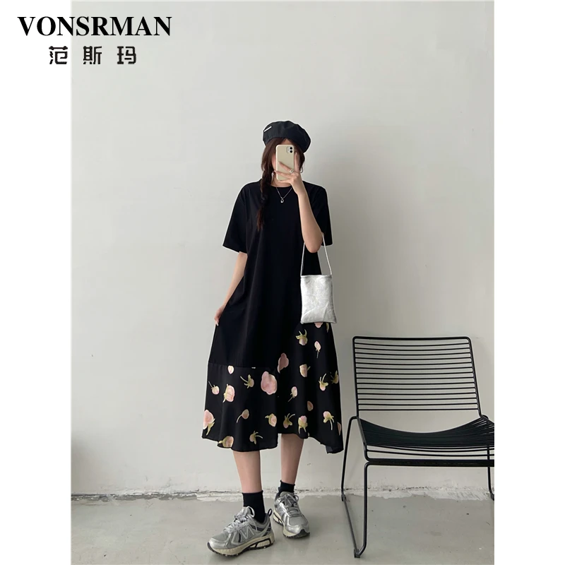 假两件印花拼接连衣裙女2025夏季新款大码胖mm宽松高级感潮T恤裙
