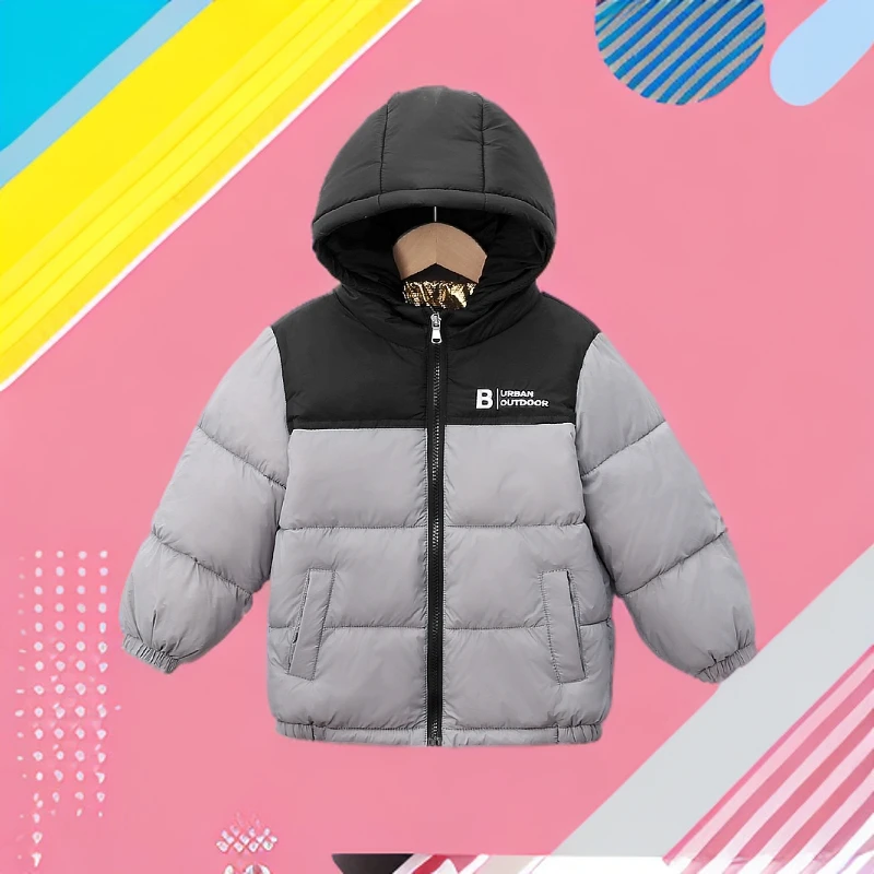 男童上衣小女孩洋气棉服外套黑金中小轻薄洋气连帽拼色保暖衣外套