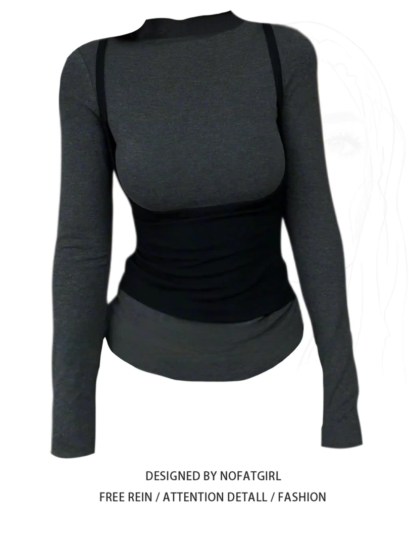 大码胖MM美式复古撞色假两件长袖T恤女秋季新款修身显瘦打底上衣