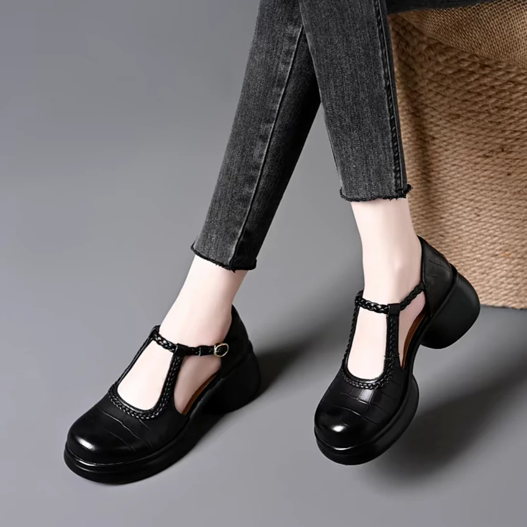 2025真皮包头凉鞋女夏季新款石头纹编织圆头粗跟舒适百搭高跟鞋K6