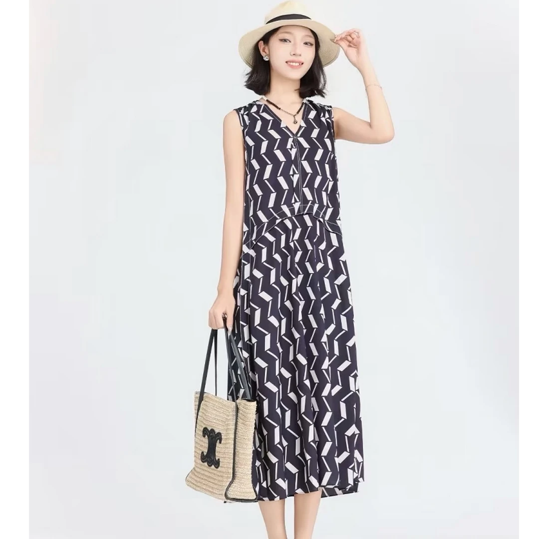 2025爆款哥弟度假风连衣裙蓝色慵懒显瘦宽松无袖夏季长裙1500513