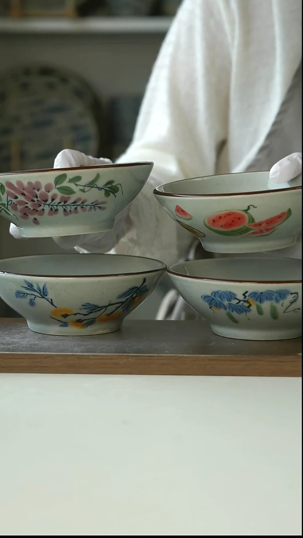 陶瓷中式复古四色斗笠碗14cm@4-2@微瑕