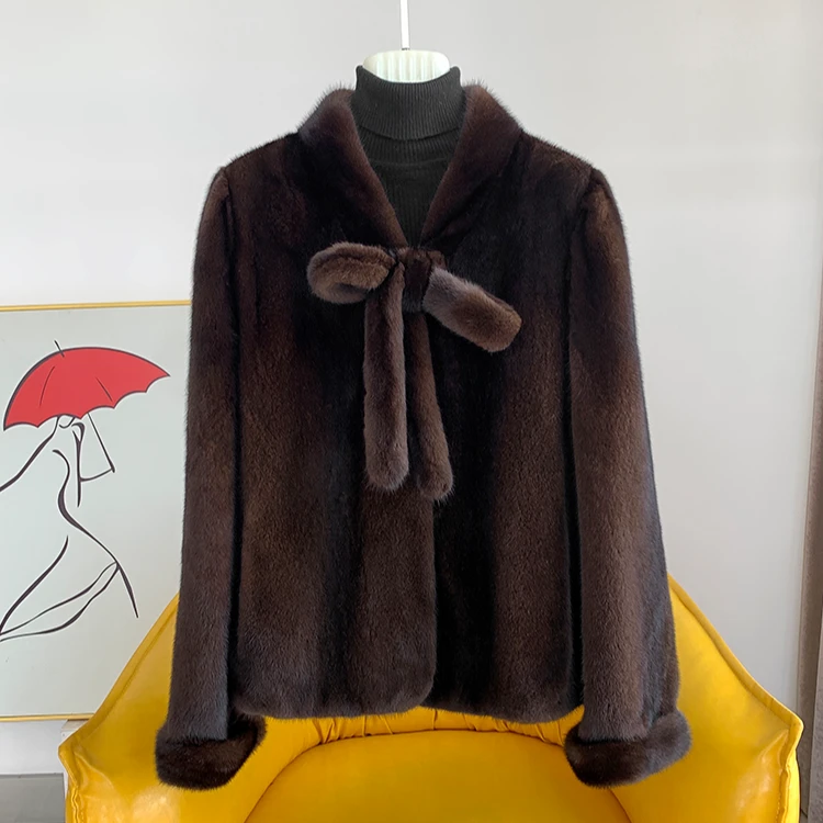 梵琴黛进口丹麦紫金皇冠短二整貂V领挽袖蝴蝶结短款气质时尚外套