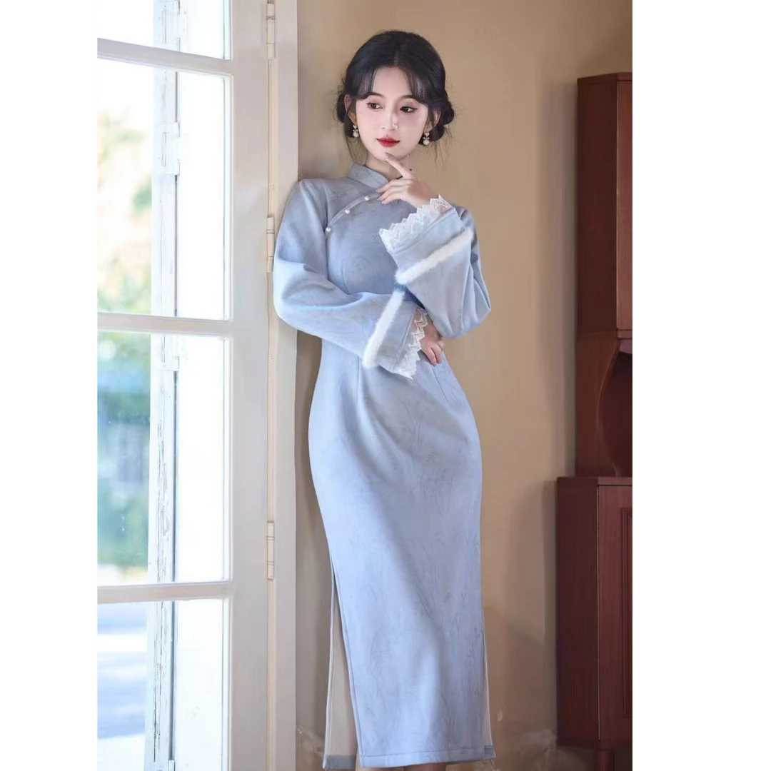 江南春【晴蓝】冬季新款修身显瘦气质少女旗袍加绒加厚改良版优雅