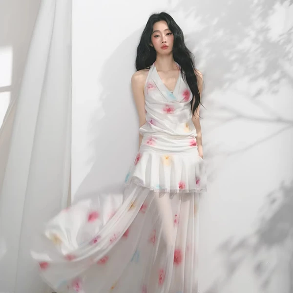 SALTHe盐茶丨【巴黎假期】原创蕾丝荡领优雅莫奈花百褶伞裙连衣裙