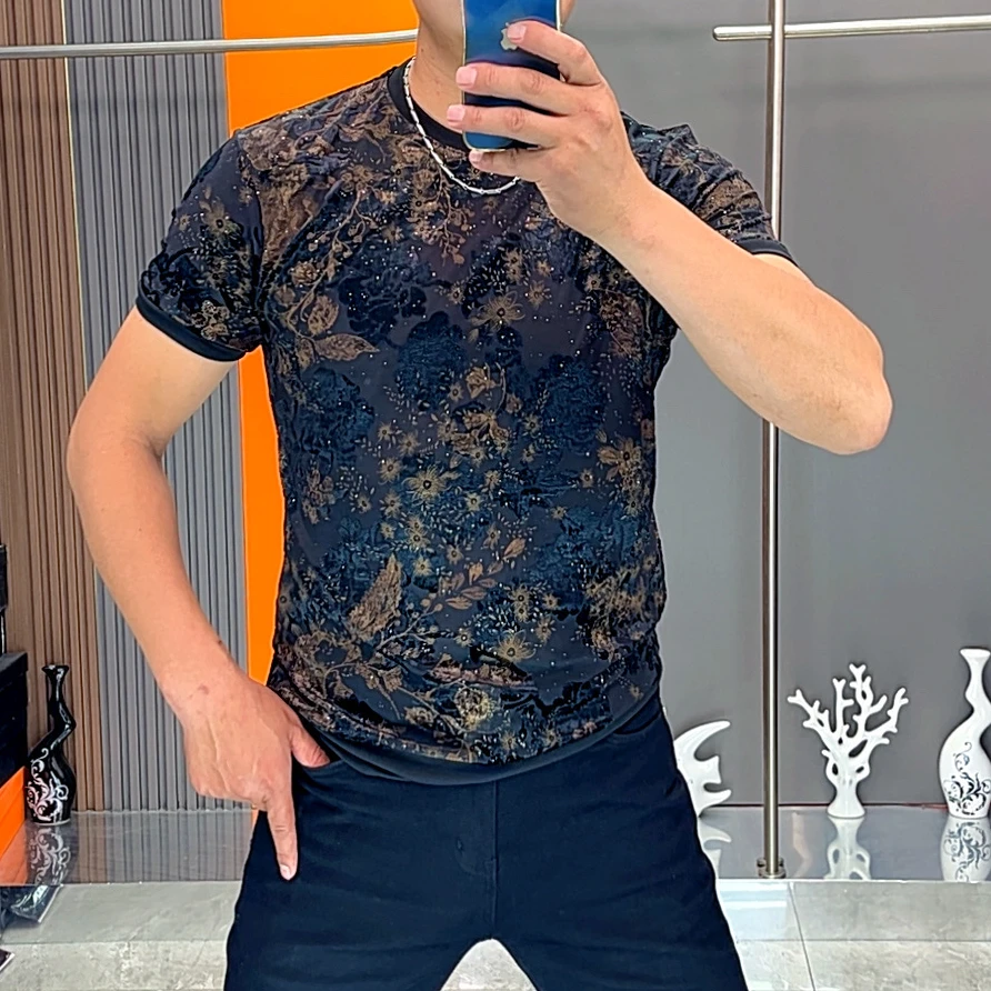 夏季圆领短袖男士提花短袖T恤修身潮流镂空百搭t恤高品质半袖