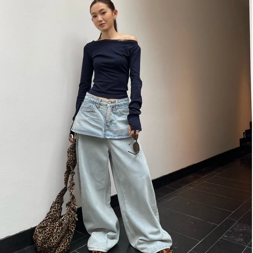 辣妹一字肩拼接蕾丝边长袖T恤露肩修身短款女2025秋款宽松牛仔裤