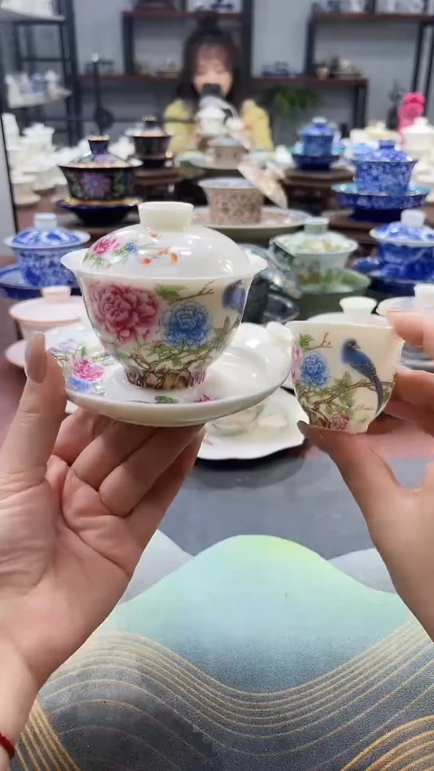 【闪购商品】100羊脂玉牡丹喜鹊盖碗+1杯