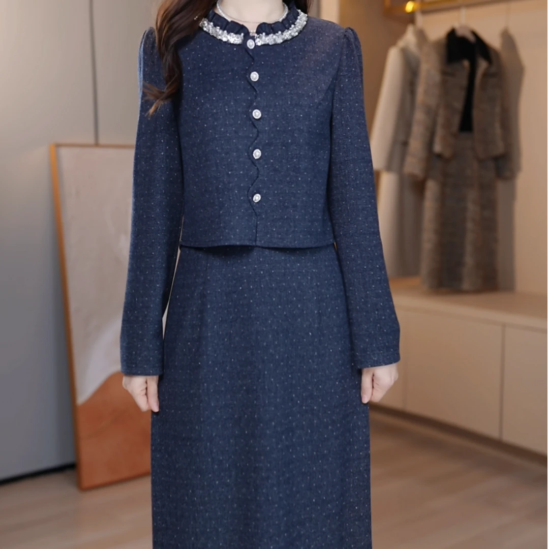 1242#[假两件]蓝色轻奢高级感小香风2025气质显瘦连衣裙