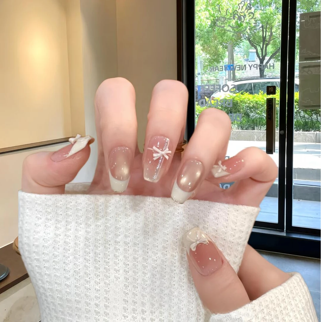 Nice SoSo【微甜少女】纯手工穿戴甲纯欲法式冰透腮红晕染蝴蝶结