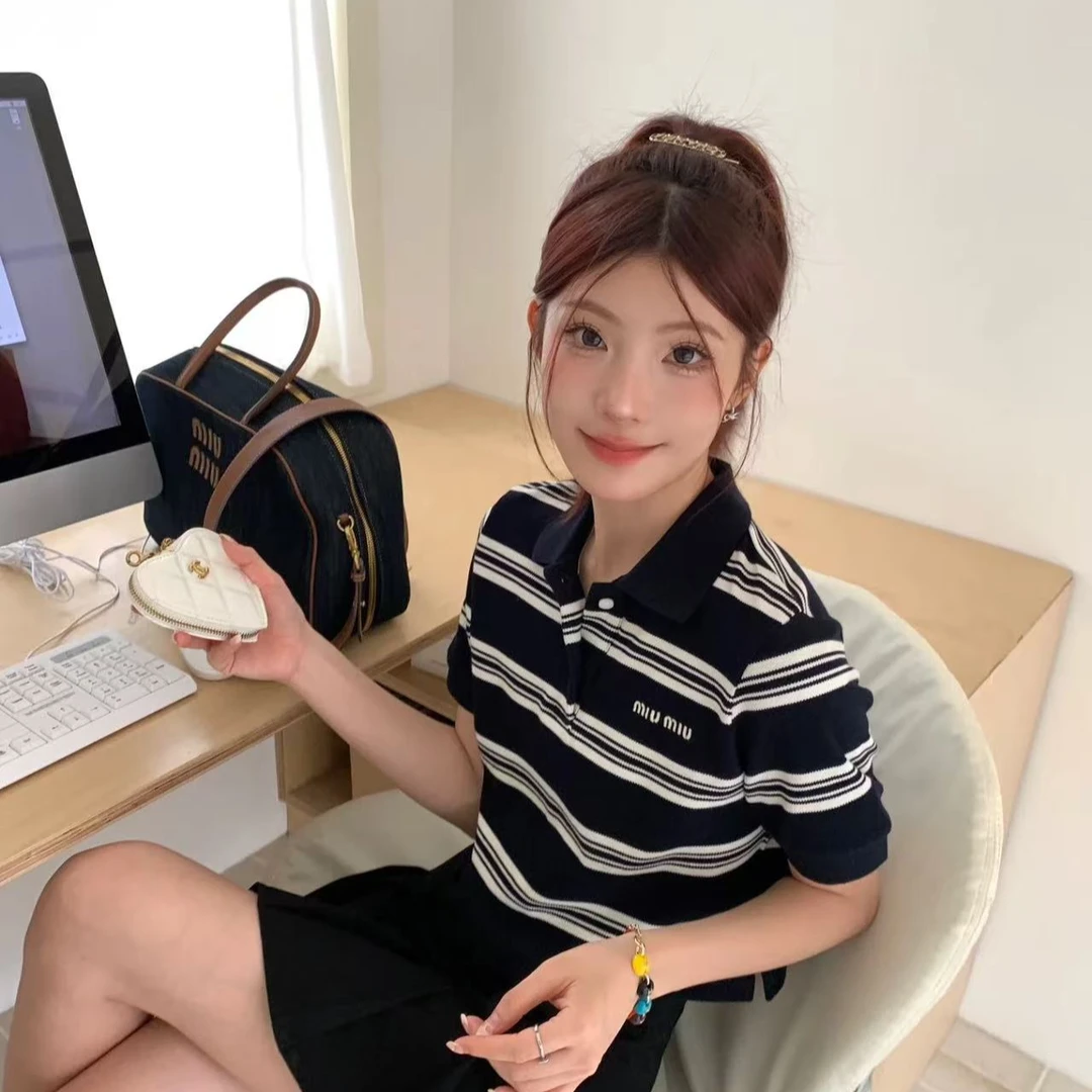 99新 MIU MIU/缪缪  Miumiu条纹短款polo衫 M码