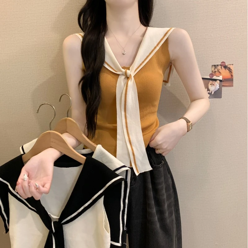 法式海军领撞色冰丝无袖针织衫女夏季修身洋气假两件坎肩上衣背心