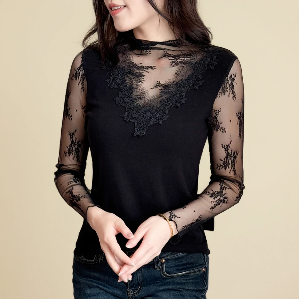 秋冬时髦洋气蕾丝网纱打底衫女长袖女人味性感上衣内搭可外穿小衫