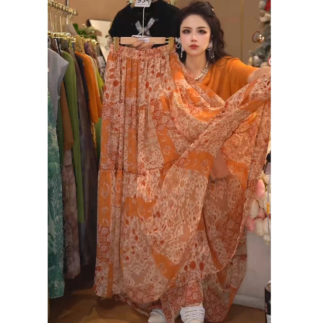 薄款碎花半身裙套装肯豆风印花长裙+阳光橙针织上衣通勤时尚套装