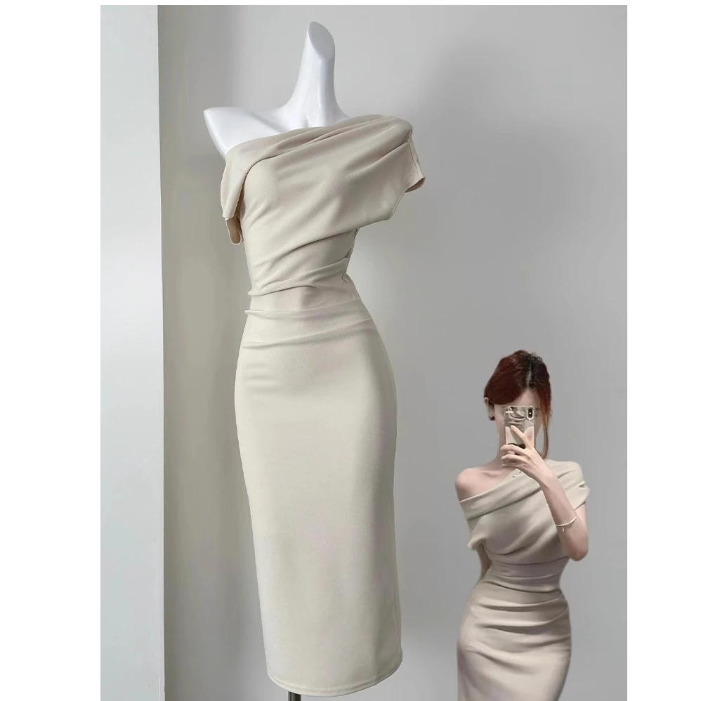 法式气质高级感斜肩连衣裙子女装夏季2025新款御姐轻熟风收腰长裙