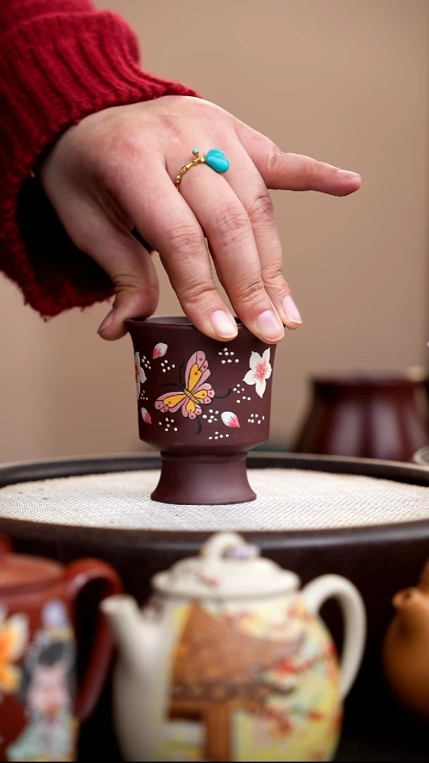茶壶紫砂紫泥高脚杯蝴蝶粉