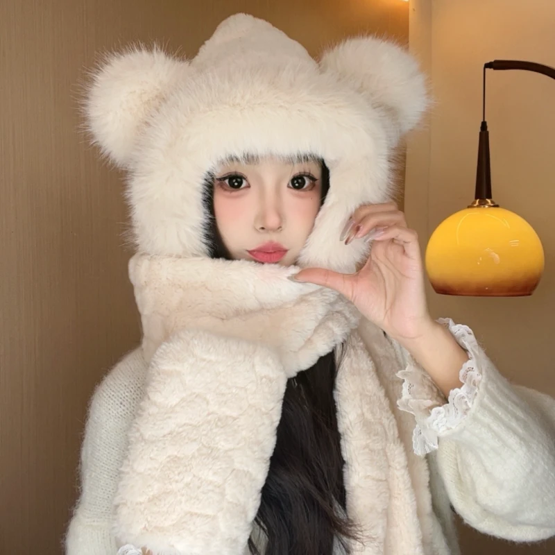 小熊耳朵足球纹可爱百搭帽子围巾手套一体女加厚防风防寒保暖帽