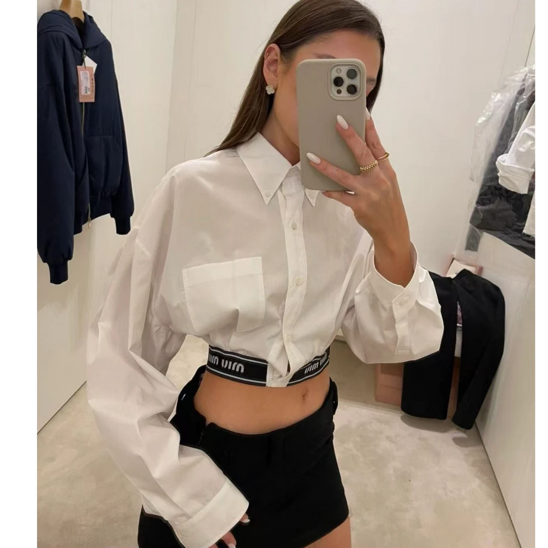 95新 MIU MIU/缪缪 白色logo字母高腰衬衫/it38/编号5951