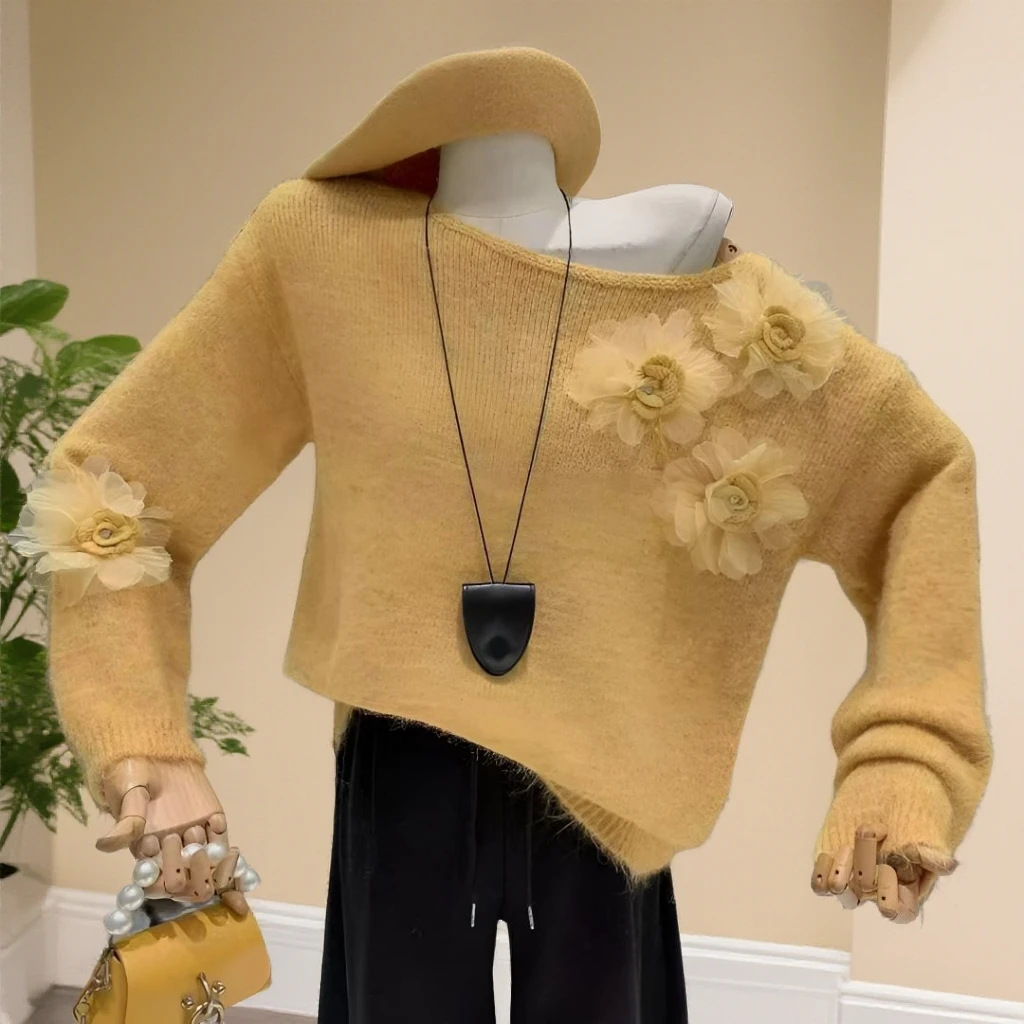 慵懒风高领单排扣毛衣女秋冬新款时尚慵懒风宽松显瘦短款针织上衣