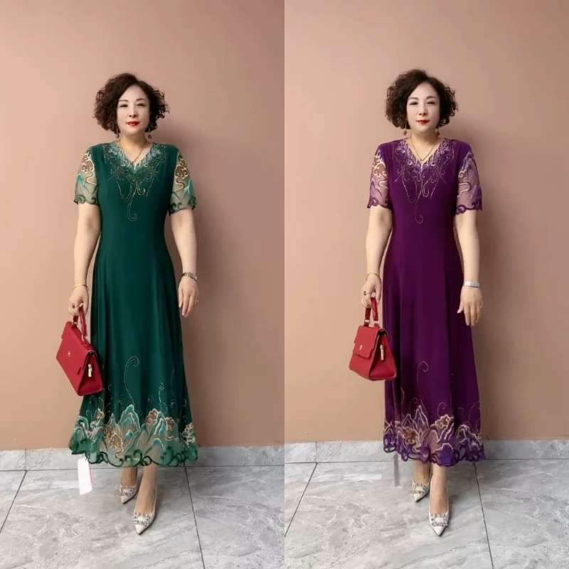 3628阔太太夏季优雅气质绣花连衣裙时尚妈妈装收腰显瘦短袖礼服裙