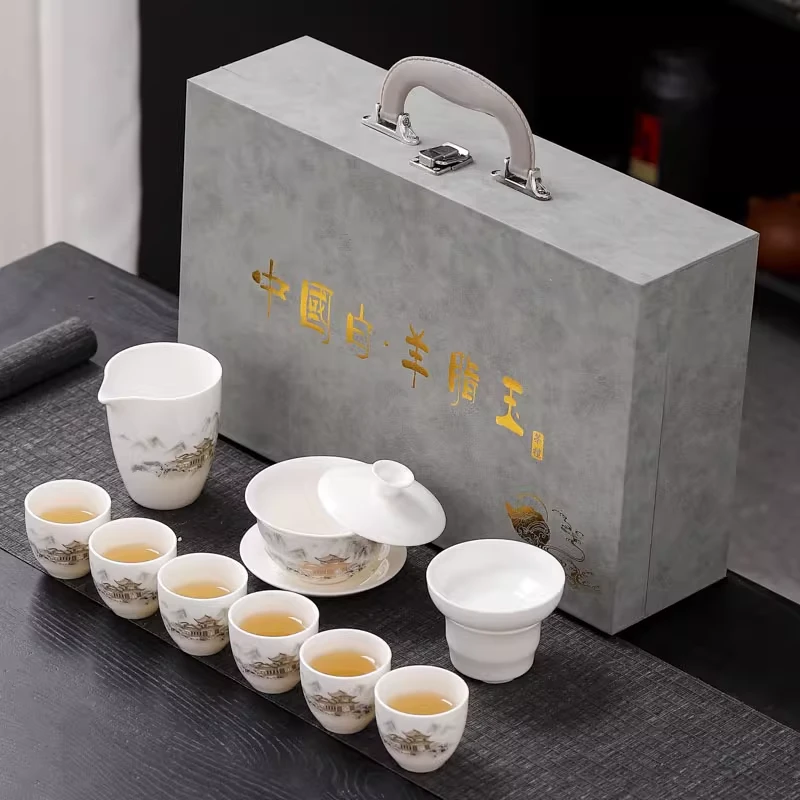 高山羊脂玉白瓷茶具套装含悬停盖碗茶杯一整套适合家庭泡茶使用