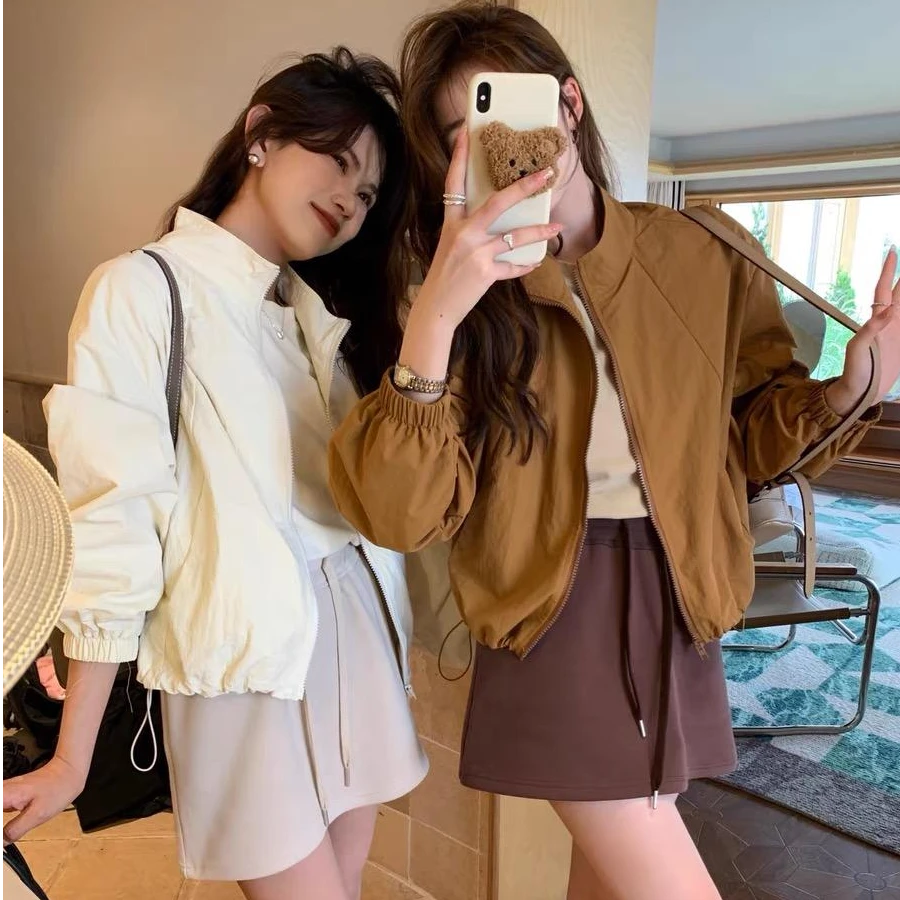 2328#150小个子版简约防风立领拉链外套女初秋纯色百搭宽松夹克