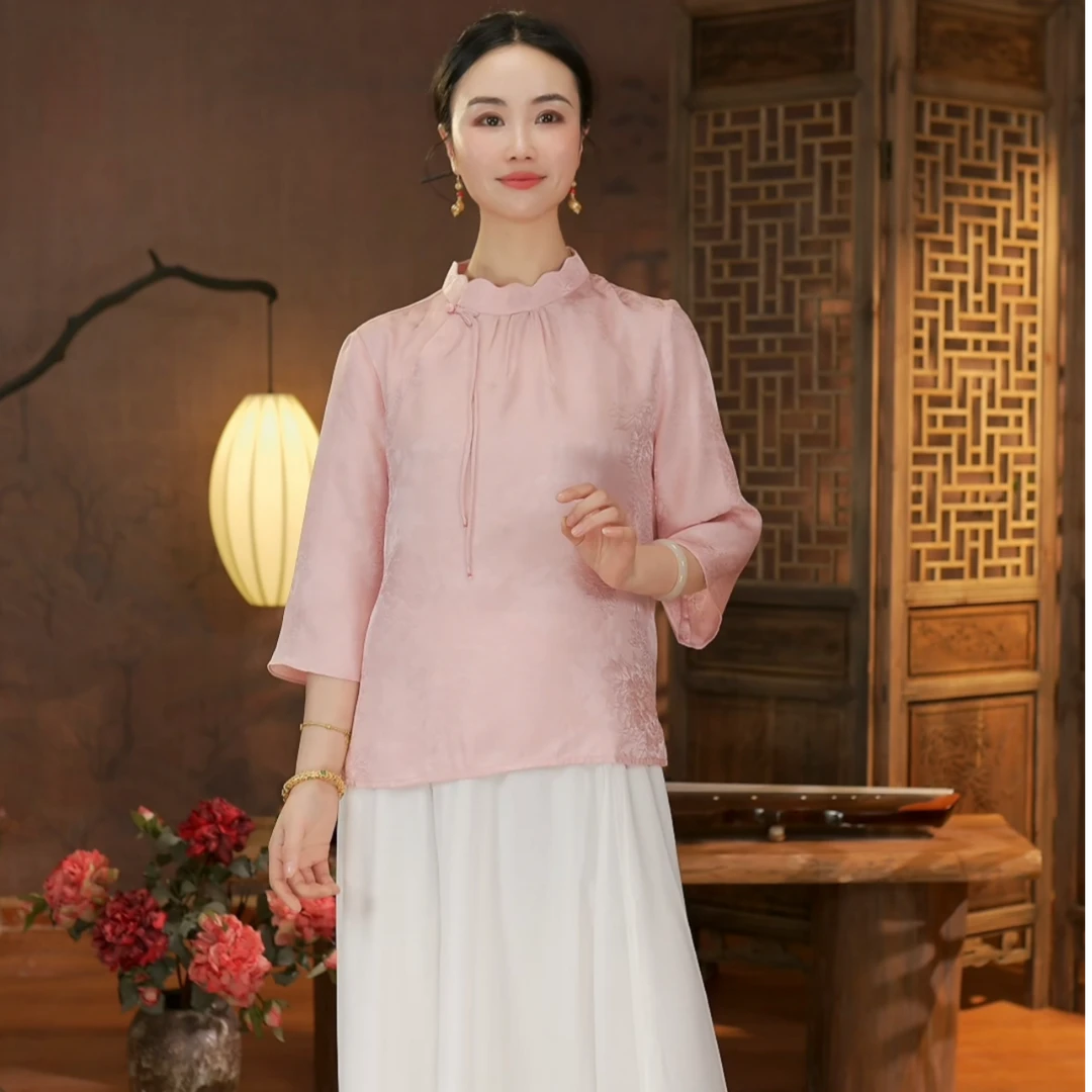 『若玉』新中式复古宽松斜襟花苞领中国风文艺桑蚕丝上衣唐装