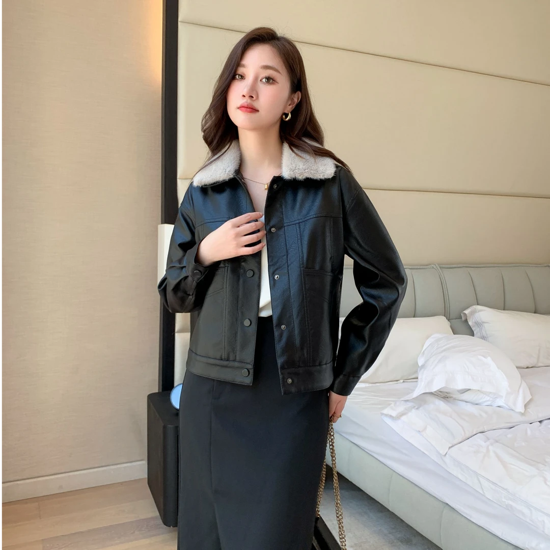 冬季毛领加绒加厚洋气时尚休闲短款翻领PU皮衣女外套夹克