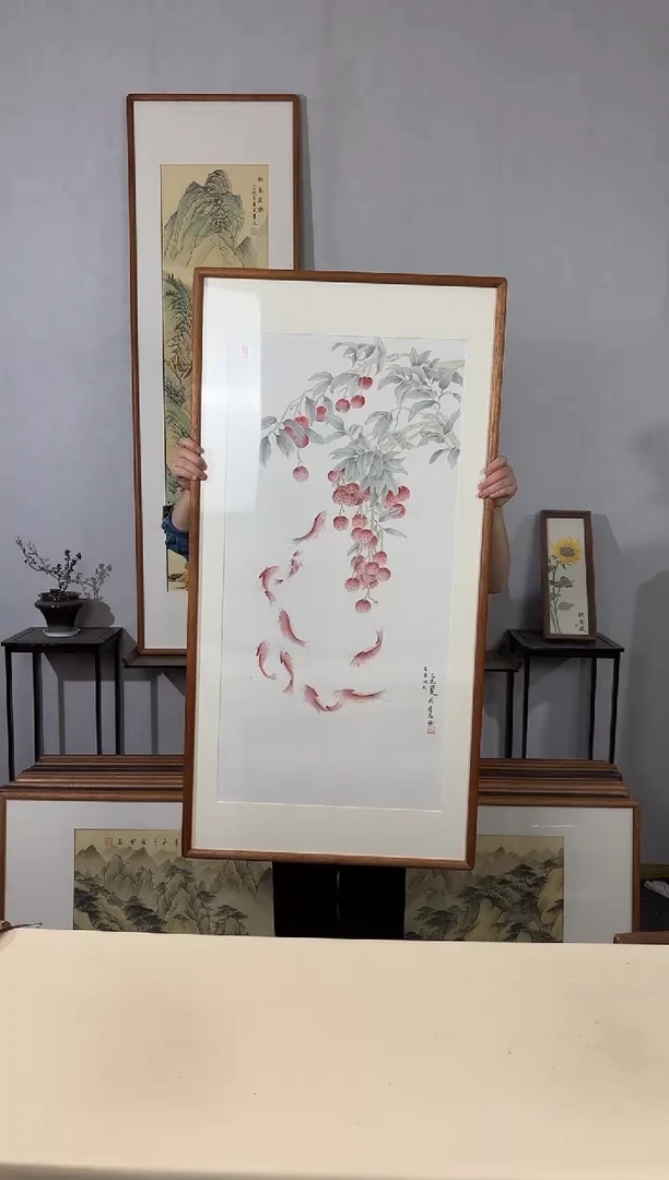 国画手绘*万事顺利（九鱼图）*62*122cm带框发货