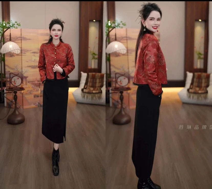 新品上新2025秋冬玛瑙红新中式纯色气质复古外套+黑色半裙两件套