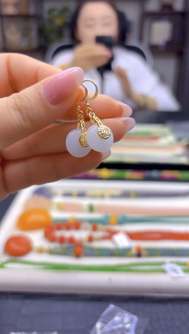 14K金镶嵌和田玉耳饰DIY款E228