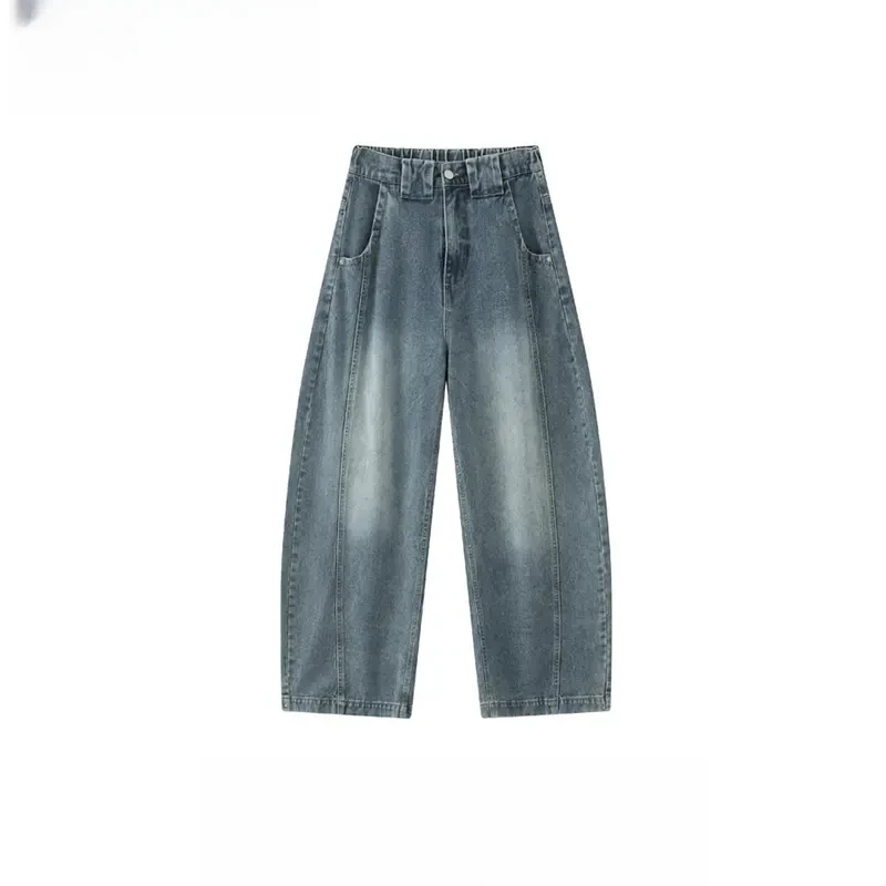 男士秋季新款阔腿裤复古水洗直筒宽松男士弯刀裤子牛仔裤