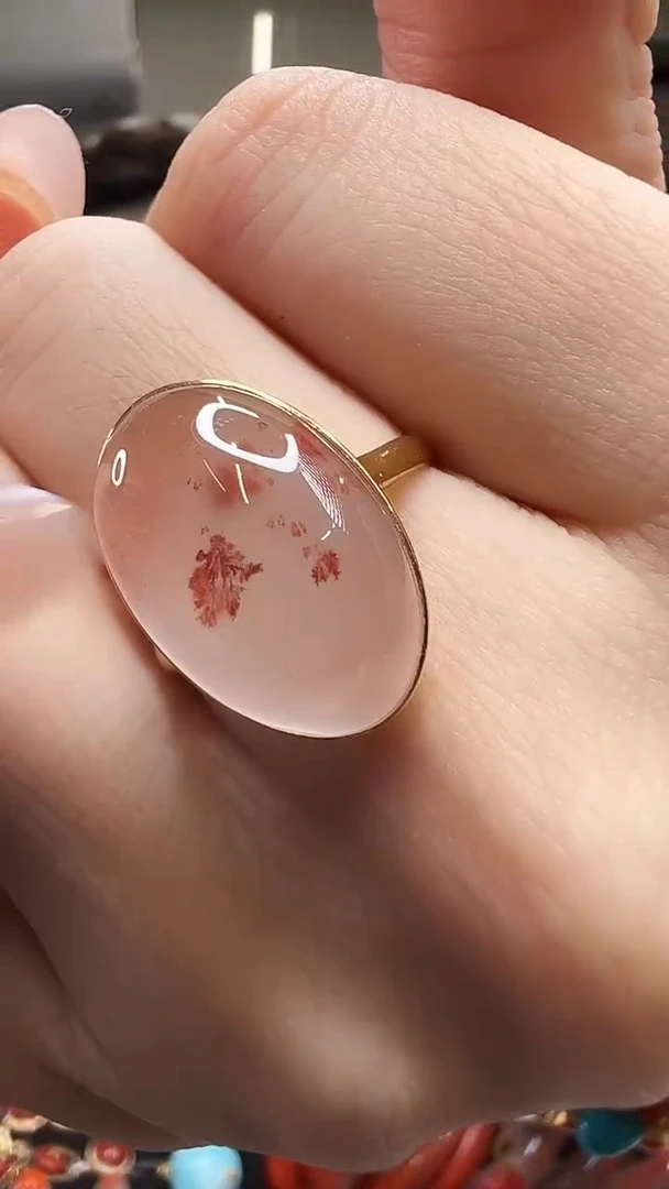 18K金镶嵌戒指南红玛瑙/冰飘水草花纹/原矿/14#