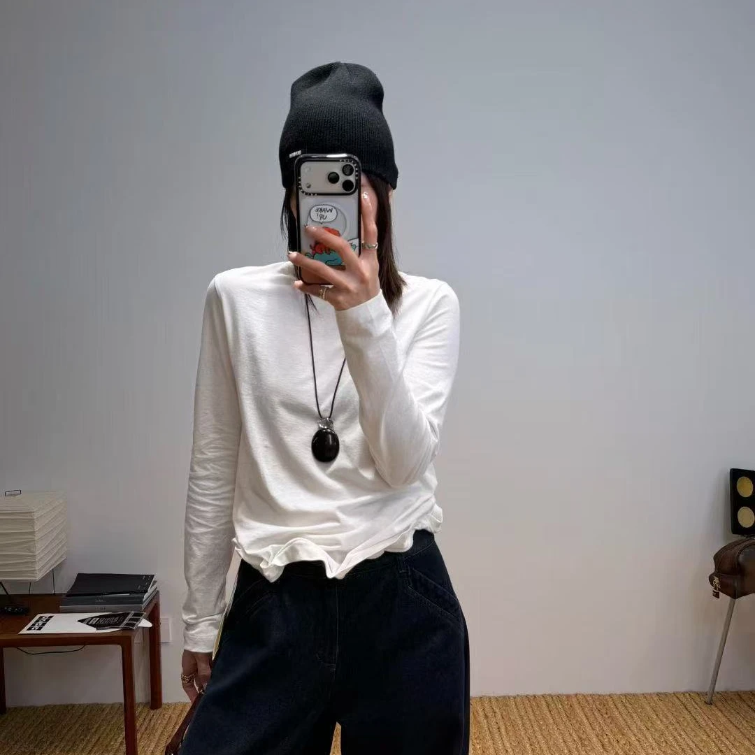 【欢喜SS】秋冬可DIY下摆造型宽松时尚休闲百搭白色纯色显瘦长袖T恤