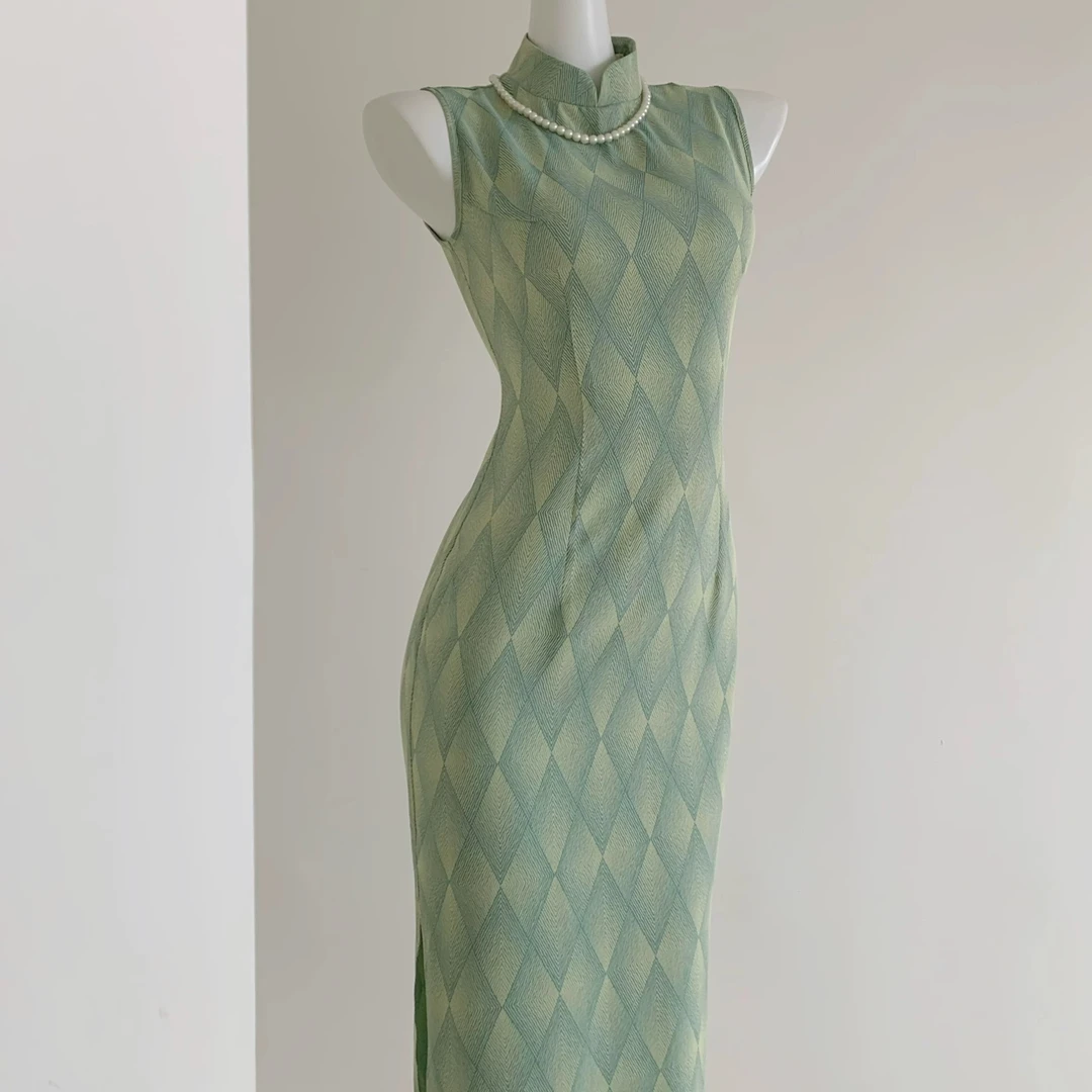 ZD左新中式女装淡绿色立领菱格无袖旗袍夏季独特绝美民国风旗袍