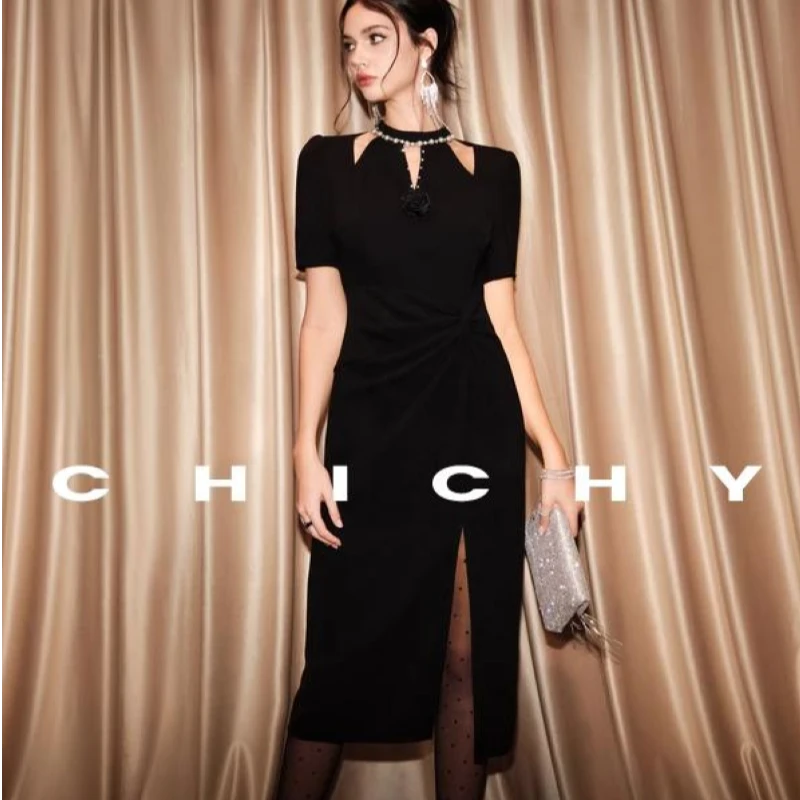 【陈大可专属】CHICHY法式赫本风短袖开叉连衣裙CC8C032242