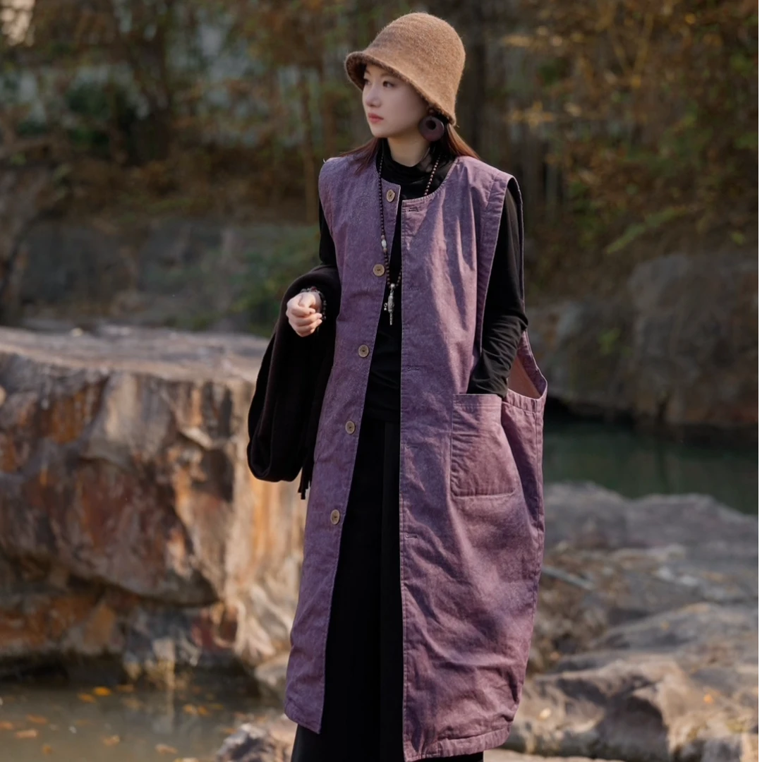 满汇阁新款复古百搭无袖夹棉长款马甲