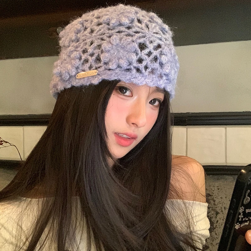 百搭针织帽子女款2025夏季薄款编制镂空透气大头围显脸小堆堆帽女