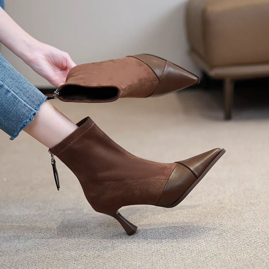 2025秋冬新款法式拼接时装靴女尖头细跟短靴女时尚百搭加绒瘦瘦靴