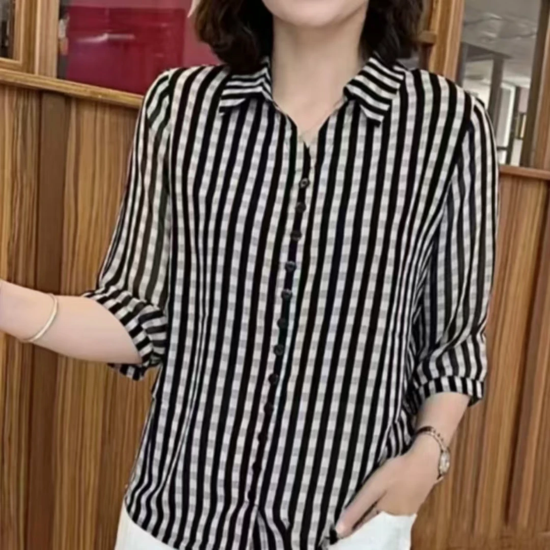 7777夏季薄款套头洋气条纹宽松中袖小衫