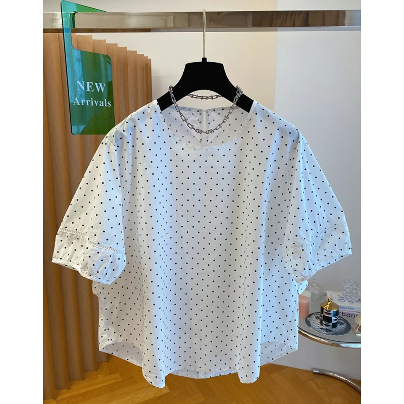 白色泡泡袖波点衬衫女2025新款宽松减龄短袖套头圆领娃娃衫上衣夏
