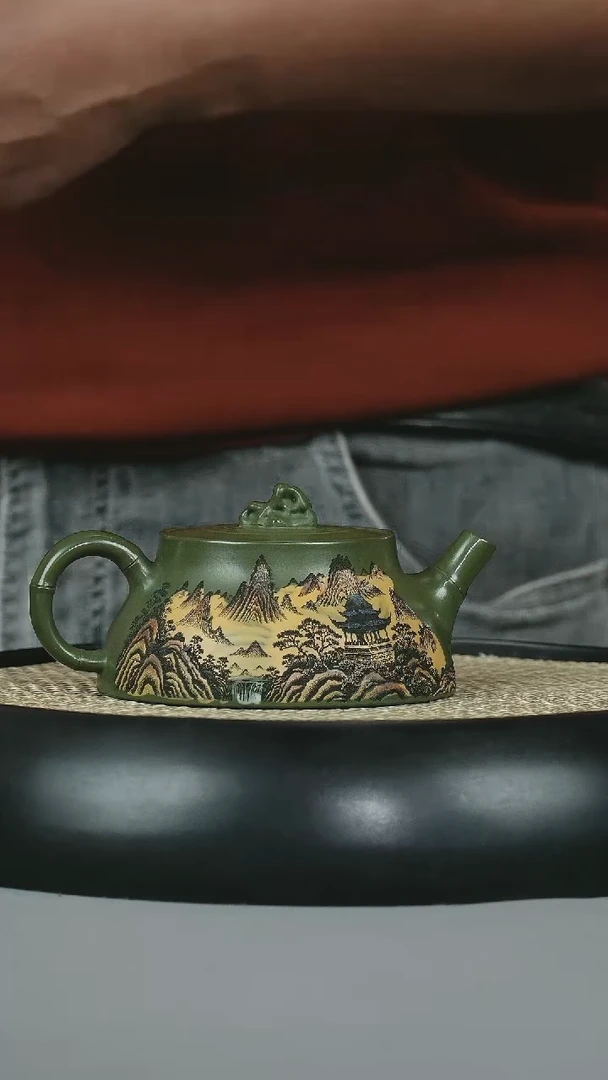 茶壶紫砂  绿泥 平底 江山如画
