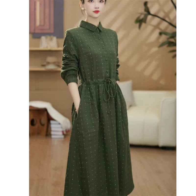 专柜金标-100%纯棉提花连衣裙女中长款2025秋装韩版长裙子673