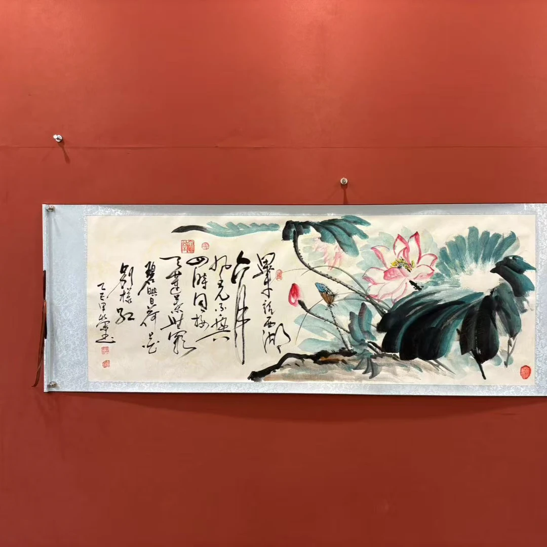 何老师 荷花 小六尺手绘宣纸装裱