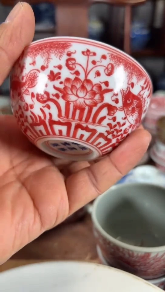 柴窑釉里红鱼藻纹禅定杯杯