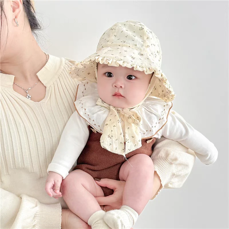 宝宝帽子春秋季薄款婴儿遮阳帽小月龄公主帽女宝碎花渔夫帽大帽檐