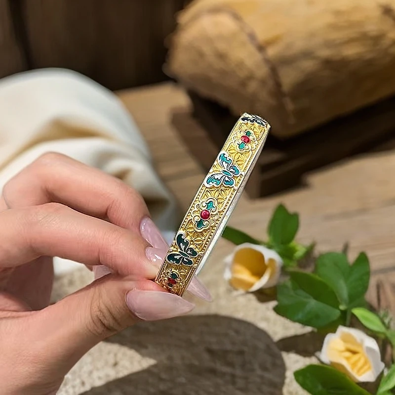 足银手镯 破茧成蝶开口镯新中式国潮奢华描金珐琅蝴蝶高级可调节